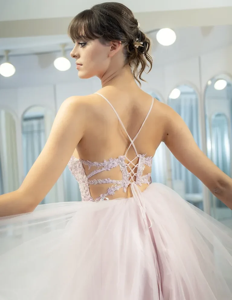 Abito cerimonia rosa schiena incrociata – Atelier Melody